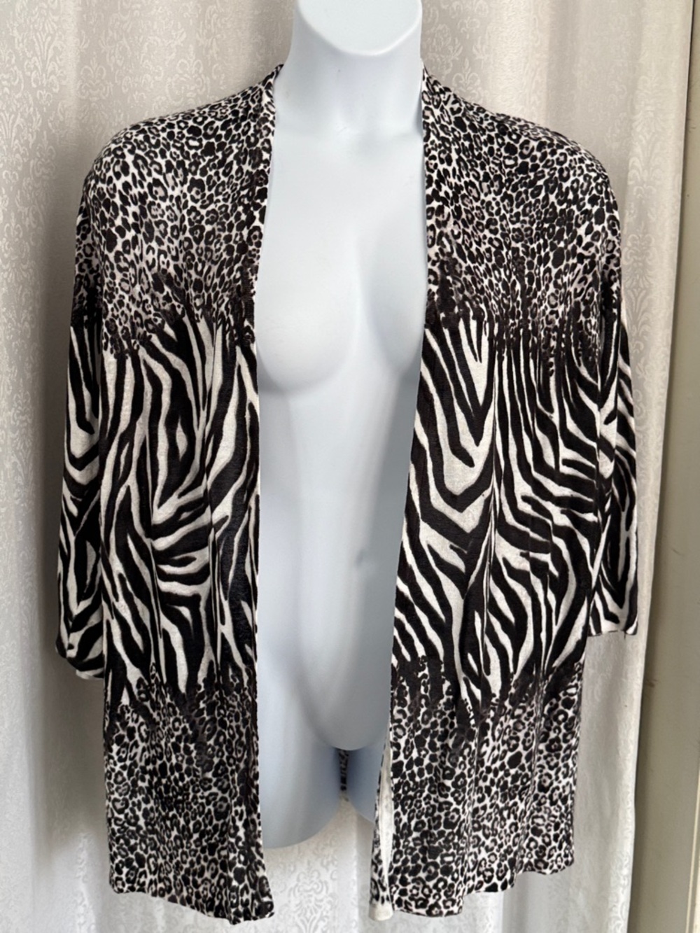 Chico's Black and White Animal Print Open-Front Cardigan